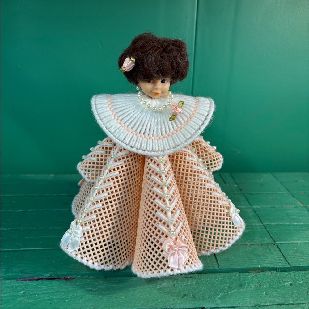 Elegant Crochet Doll with Peach and White Dress